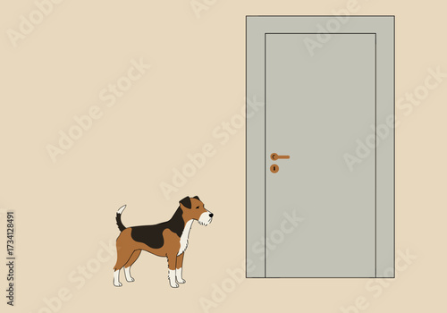 Dog waiting at door indoor setting calm environment side view anticipation concept