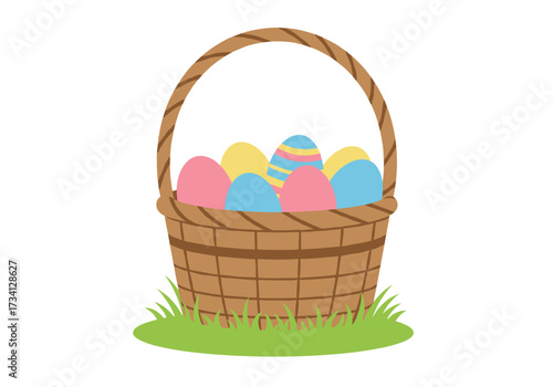 Easter egg hunt celebration garden graphic vibrant colors playful atmosphere