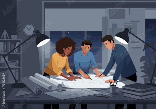 Collaborative design session for architectural plans in a modern office environment at night