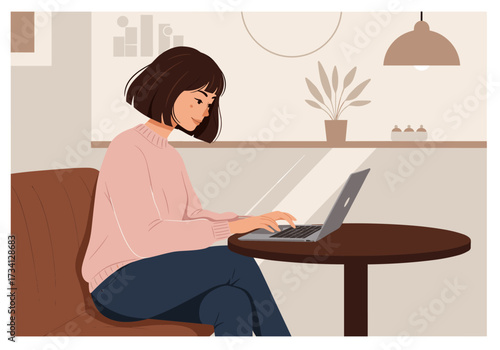 Young woman working on laptop in cozy home office digital modern interior calm atmosphere
