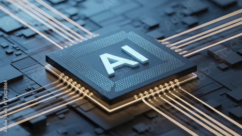 Processor with integration AI. AI Letters on chip. CPU connected to data storage. Artificial intelligence technology in electronic chip. Data processing by artificial intelligence chip. AI hardware.

