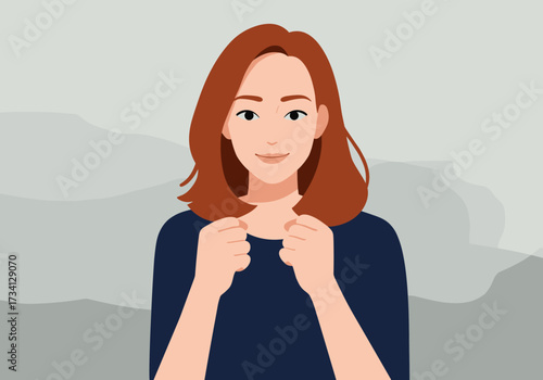 Joyful woman expressing excitement setting digital neutral background view positive emotions