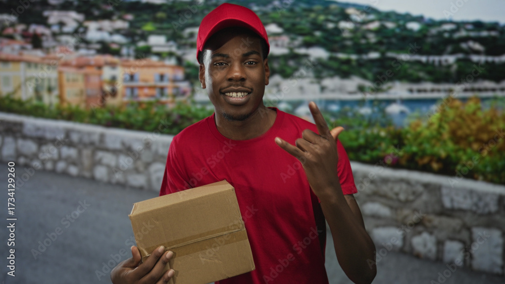 Fototapeta premium Man in red cap holds cardboard box and makes rockhorns gesture on street alongside stone wall and coastal buildings; confidence.