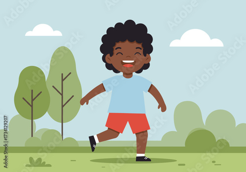 Joyful child playing outdoors park green environment bright view fun concept