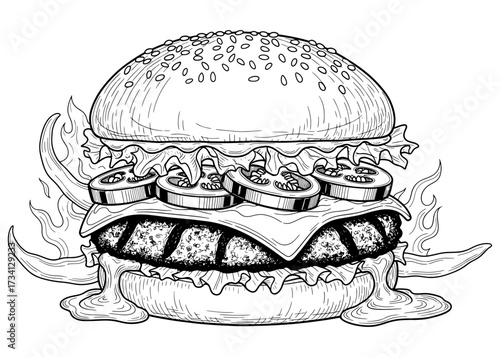 Grilled jalapeño cheeseburger vector illustration. Detailed hand-drawn monochrome sketch of a spicy BBQ burger with flames for a restaurant menu or coloring book page.

