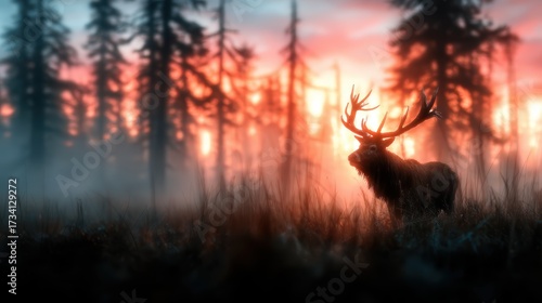 A magnificent deer stands majestically silhouetted against a breathtaking sunrise in the forest, representing the beauty of nature and wildlife.