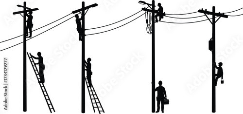 Utility workers silhouette, climbing poles, repairing power lines, electrical maintenance, teamwork, safety gear, ladder work, infrastructure repair, electricity service, telecommunication