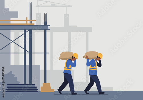 Construction workers transporting heavy materials on urban site industrial environment side view