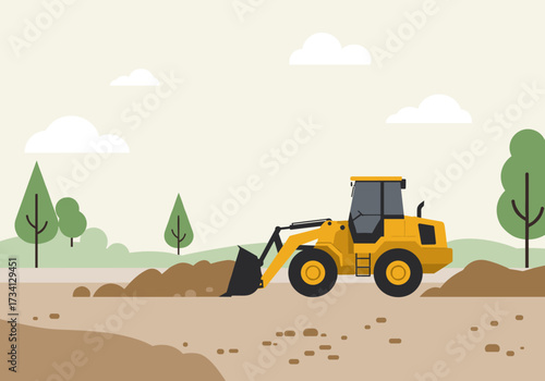 Excavator digging earth construction site digital outdoor environment side view heavy machinery concept