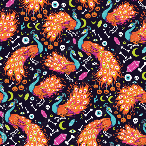 Seamless Halloween pattern with skull peacocks pumpkins glowing feathers and spectral eyes vector