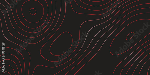 Abstract topographic contour map illustration red lines on black background geographic terrain path modern cartography vector artwork ultra wide panoramic design
