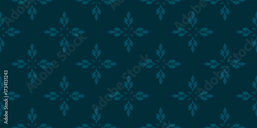 Luxury minimal floral ornament. Elegant vector geometric seamless pattern with flowers, leaves. Simple minimalist oriental background texture. Dark teal green color. Repeated design for decor, print