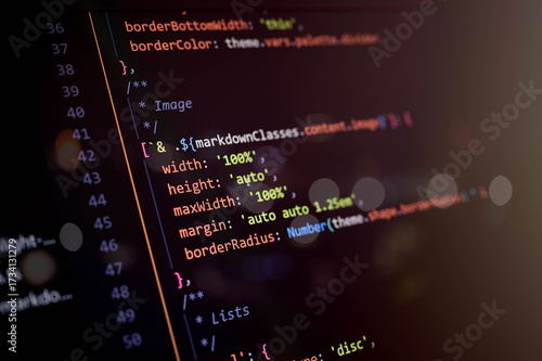 Εκτύπωση καμβά Close-up of CSS-in-JS image styling code with responsive properties like width, height, margin, and border radius, representing modern frontend UI development and clean visual layout design