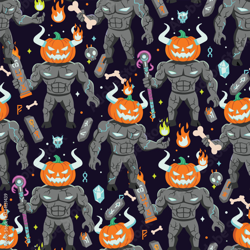 Seamless Halloween pattern with pumpkin minotaurs obelisks cosmic symbols and skulls vector