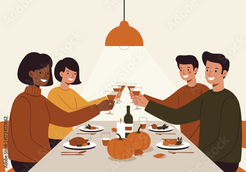 Celebrating togetherness friends toasting at a cozy thanksgiving dinner table home warm atmosphere