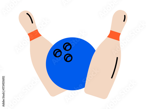 Hand drawn cute illustration of bowling strike. Flat vector sport recreation game doodle. Ball and skittles sticker. Wellness or healthy lifestyle icon. Lucky throw. Competition winner. Isolated.