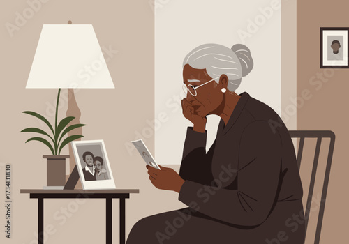 Reflective moment elderly woman contemplating memories cozy living room digital calm atmosphere side view nostalgia
