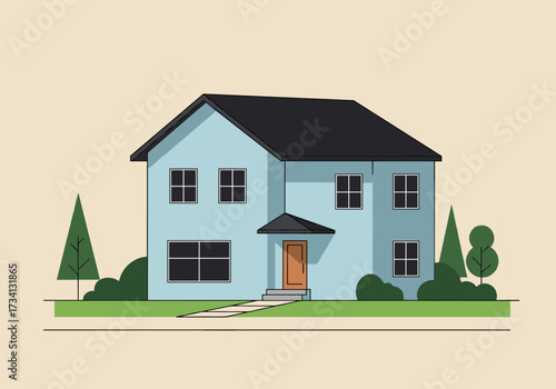 Modern family home design suburban neighborhood digital tranquil setting front view conceptual