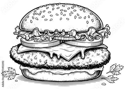 Crispy chicken or fish fillet sandwich. Detailed hand-drawn monochrome vector illustration of a breaded burger for a restaurant menu or coloring book page design.

