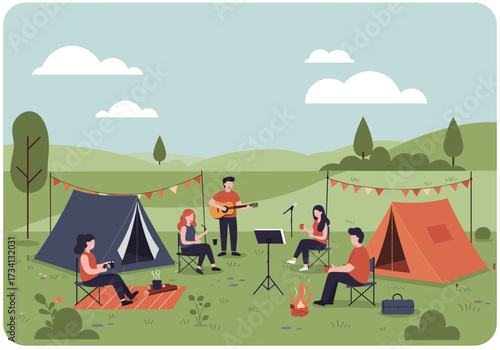 Outdoor camping adventure with friends scenic green hills relaxing vibes family bonding