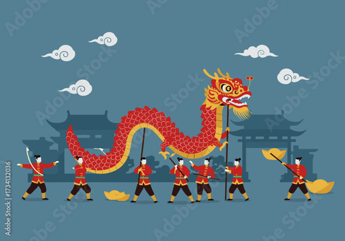 Celebration of dragon dance performance traditional chinese festival cultural event urban setting side view festive spirit