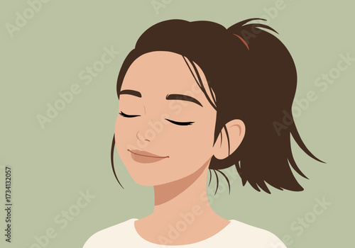 Relaxing portrait of a young woman digital calm environment indoor viewpoint serenity concept