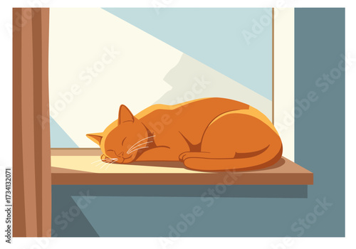 Sleeping orange cat on window sill cozy home environment digital peaceful concept