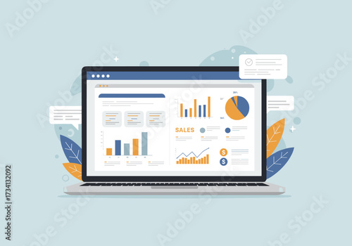 Analyzing sales performance through data visualization business insights digital workspace remote office informative view