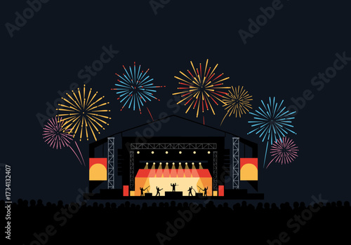 Exciting concert celebration with fireworks outdoor venue digital nighttime festive atmosphere