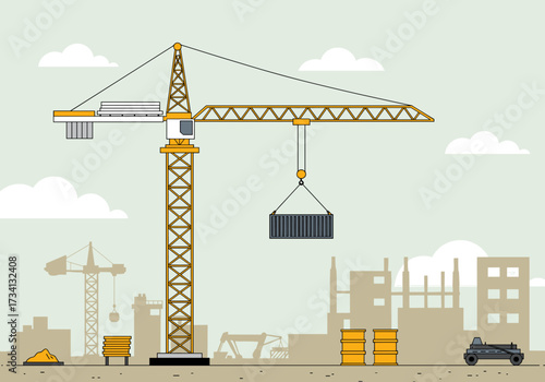 Construction crane lifting container at urban site industrial environment