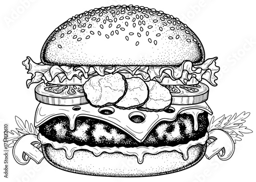 Gourmet cheeseburger with pickles and mushrooms. Detailed hand-drawn stippling illustration of a classic American burger for a restaurant menu or coloring book page.

