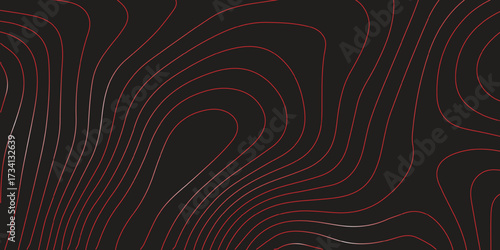 Ultra wide panoramic topographic map artwork red contour line illustration black background terrain path mapping abstract cartography vector artwork
