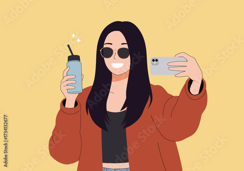 Selfie moment with drink urban setting digital bright environment fun concept