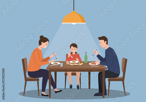 Family dinner together home dining room cozy atmosphere front view family bonding concept