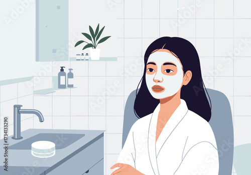 Self-care routine facial treatment home spa calm bathroom front view relaxation concept