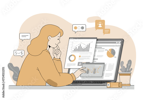 Business analysis trends home office digital workspace modern environment focused viewpoint data insights