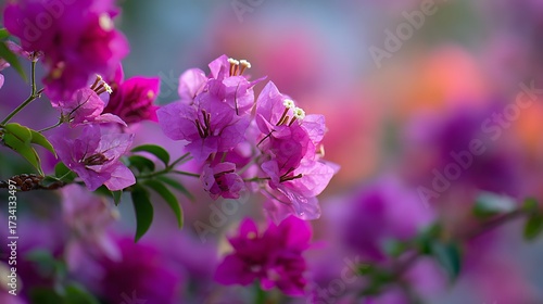 Sunlit bougainvillea flowers creating colorful soft-focus background