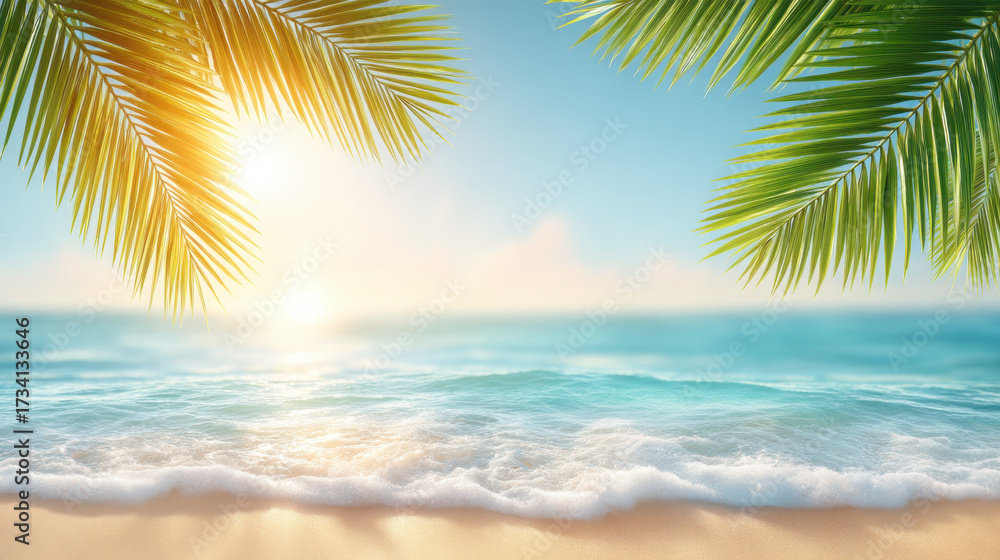 Obraz premium Tropical beach scene with palm leaves and sun flare over calm ocean waves creating peaceful and warm atmosphere