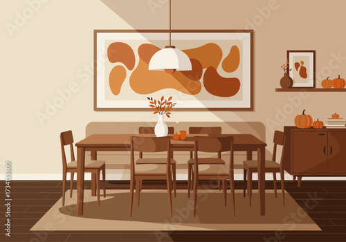 Elegant dining room setup with artistic modern home digital cozy atmosphere warm color palette
