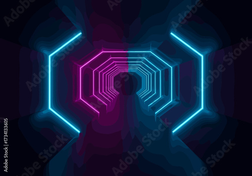 Neon light tunnel experience futuristic space digital cyber environment abstract view visual concept