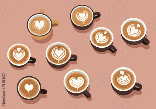 Artistic coffee creations showcased in a cozy top-down view of warm environment celebrating love and creativity