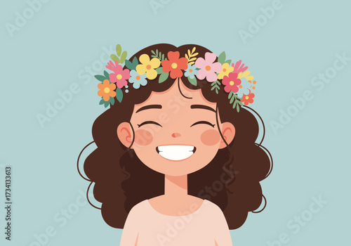 Joyful girl with flower crown creative soft colors whimsical style cheerful expression