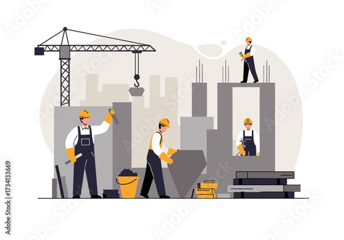 Construction workers building skyscrapers in urban setting industrial environment aerial view