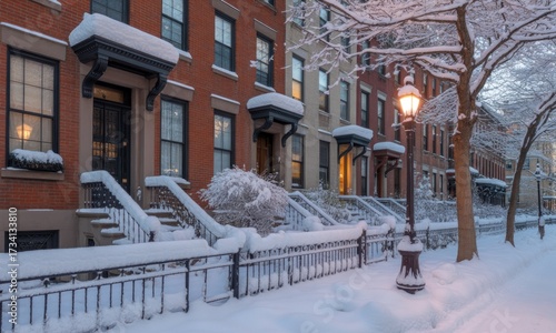 Snow-covered row houses at dawn