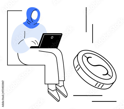 Woman in hijab seated with a laptop, accompanied by a falling dollar coin representing wealth, online income, or investment. Ideal for finance, work, diversity, technology, career innovation simple