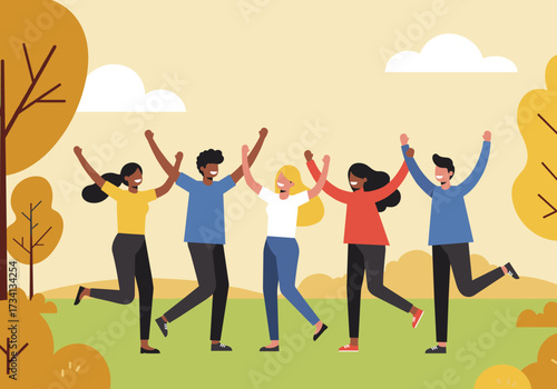 Joyful group celebrating together in a park fun outdoor activity vibrant autumn surroundings cheerful atmosphere