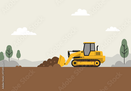 Excavator digging soil construction site outdoor landscape side view heavy machinery concept