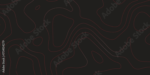Detailed ultra wide panoramic topographic map contour red lines black background terrain path mapping modern cartography vector design for decoration
