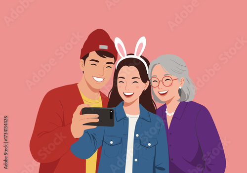 Joyful family selfie indoors playful environment togetherness and love