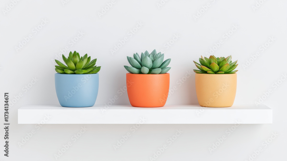 Obraz premium Succulent plants in colorful pots arranged on modern white floating shelf create fresh and minimal decorative display
